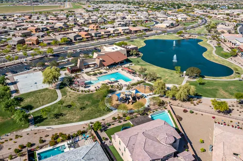 Aerial view of a Gilbert community lake surrounded by homes
